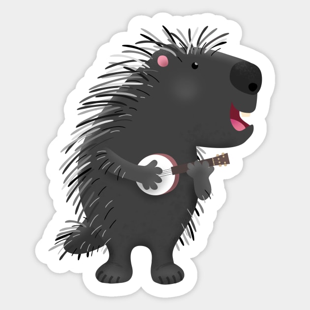 Cute funny porcupine playing banjo cartoon Sticker by FrogFactory